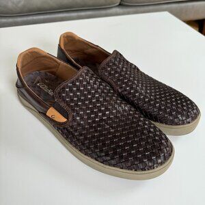 Olukai Lae'ahi Lauhala Brown Leather Slip-On Loafer Shoes 10486